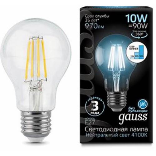 Лампа светодиодная Gauss LED Filament A60 E27 10W 4100К step dimmable 102802210-S