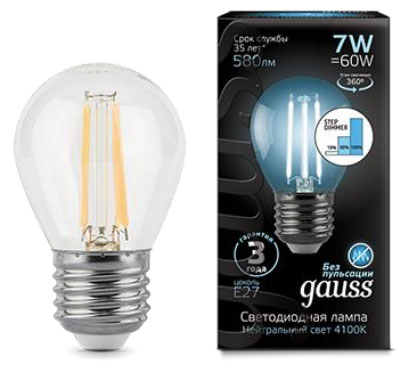 Лампа светодиодная Gauss LED Filament Globe E27 7W 4100K step dimmable 105802207-S