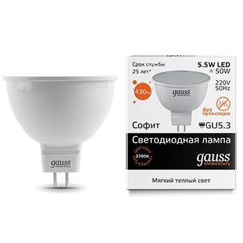 Лампа светодиодная Gauss LED Elementary MR16 GU5.3 5.5W 3000K(13516)