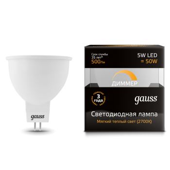 Лампа светодиодная Gauss LED MR16 GU5.3 Dimmable 5W 3000K(101505105-D)