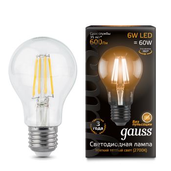 Лампа светодиодная Gauss LED Filament A60 6W E27 2700K(102802106)