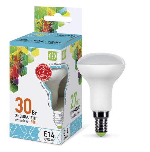 Лампа светодиодная ASD LED-R50-standard 3Вт Е14 4000К 4690612001470