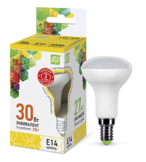 Лампа светодиодная ASD LED-R50-standard 3Вт Е14 3000К 4690612001494
